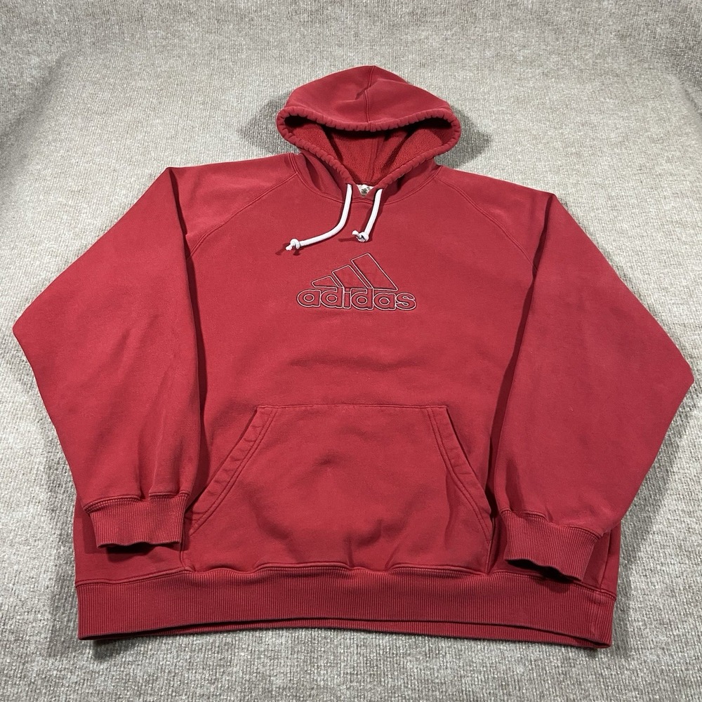 Vintage Adidas Hoodie Sweatshirt Men Size L Red Pullover Embroidered Center Logo